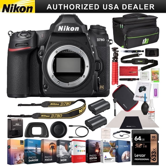 Nikon D780 Full Frame DSLR Digital SLR 4K FX Format Camera Body Bundle with Photo and Video Professional Editing Software Kit, Deco Gear Bag, 2X Battery, 64GB Card| Official Nikon USA Dealer