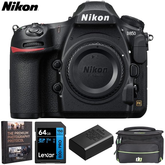 Nikon D850 45.7MP Full-Frame FX-Format Digital SLR Camera - Black (Body Only) Bundle with Deco Essentials Shoot Like A Pro eBook + Lexar 64GB SDXC Memory Card + Camera Bag + Extra Battery