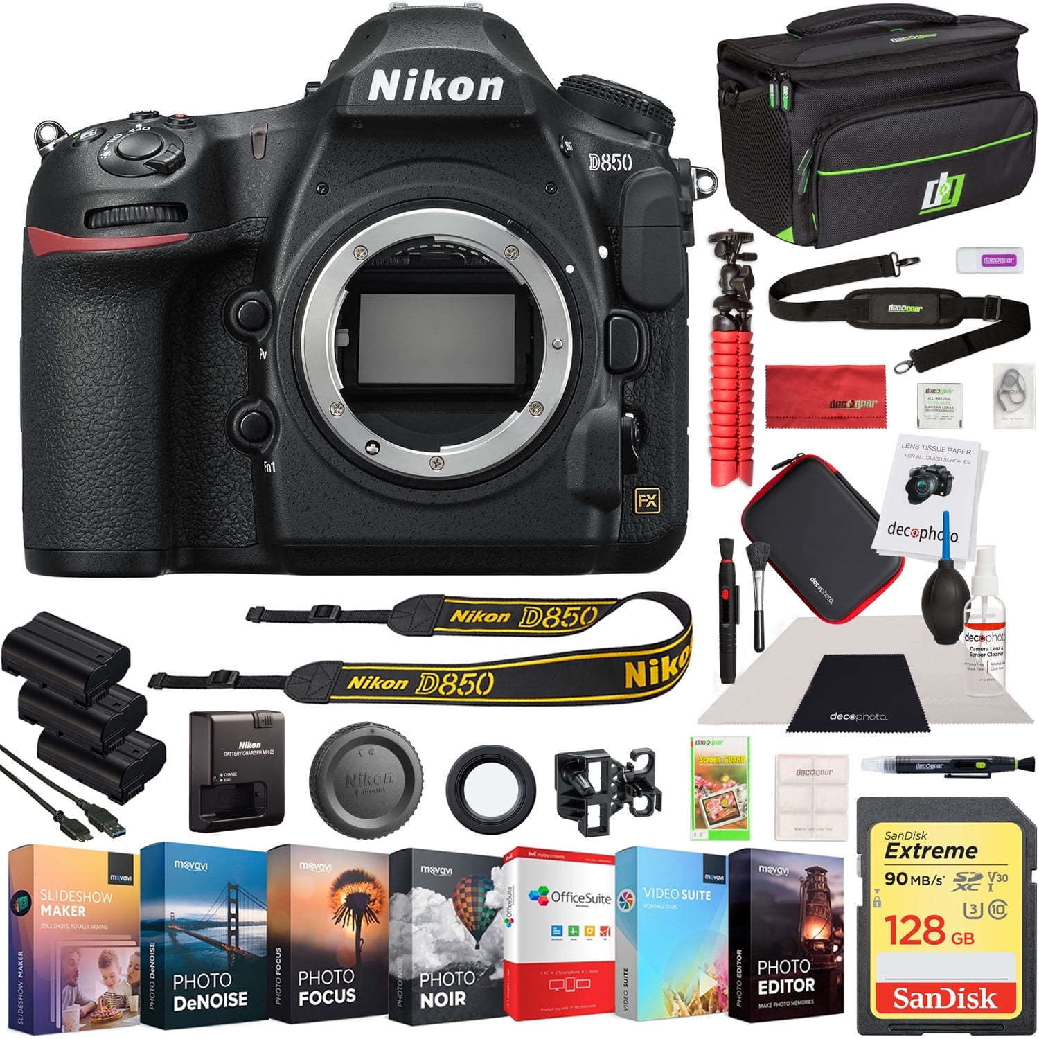 Nikon D850 45.7MP Full-Frame FX-Format Digital SLR Camera Body Bundle with 128GB Memory Card, Photo and Video Professional Editing Suite, Camera Bag, Cleaning Kit, 2x Rechargeable Li-Ion Battery