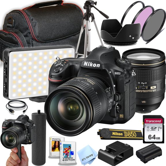 Nikon D850 DSLR Camera with 24-120mm f/4G ED VR Lens | 45.7 MP | 4K UHD + 64GB Memory, LED Video Light, 3pc Fillter Kit, Tripod, Grip and More (International Version)