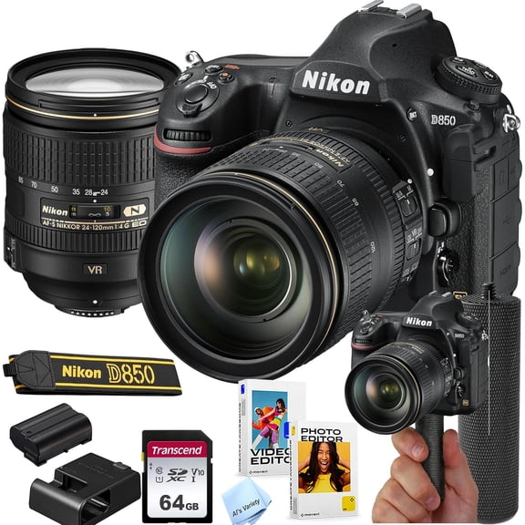 Nikon D850 DSLR Camera with 24-120mm f/4G ED VR Lens | 45.7 MP FX CMOS Sensor | 4K UHD | EXPEED 5 Image Processor+ 64GB Memory + Stabilizing Grip + Software Pack + More (International Version)