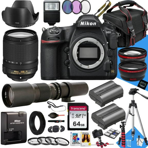 Nikon D850 DSLR Camera with AF-S DX 18-140mm f/3.5-5.6G ED VR Lens And 500mm Lens + 64GB Memory + Extra Battery + Slave Flash + Filters + Tripod + More (32pc Bundle)