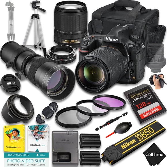 Nikon D850 DSLR Camera with AF-S DX NIKKOR 18-140mm f/3.5-5.6G ED VR And 420-800mm f/8 Super HD Telephoto Lens + 128 GB Memory + Extra Battery + Camera Case + More (24pc Bundle)