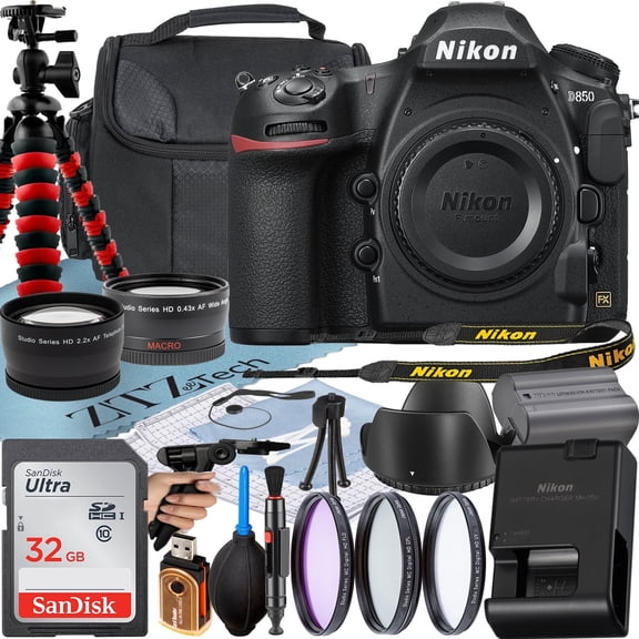 Nikon D850 DSLR Camera (Body Only) with 45.7MP FX-Format BSI CMOS Sensor + 32GB Card + Case + 3 Pieces Filter + Flash + ZeeTech Accessory Bundle (International Version)