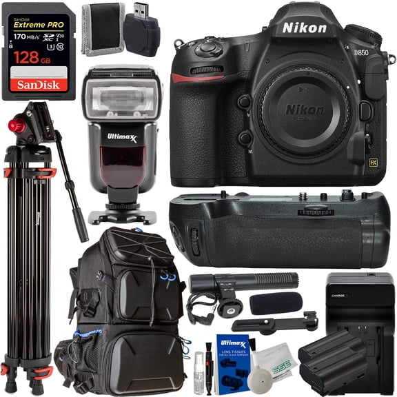 Nikon D850 DSLR Camera (Body Only) with Deluxe Accessory Bundle - Includes: SanDisk Extreme PRO 128GB Memory Card, Power Battery Grip for Nikon D850, Hard Shell Deluxe Professional Backpack & More