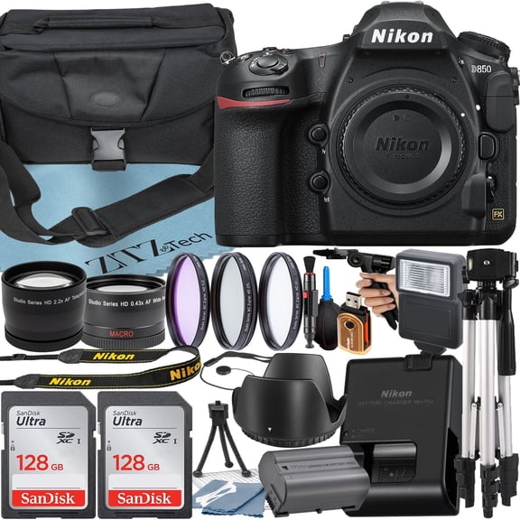 Nikon D850 DSLR Camera (Body Only) with 45.7MP CMOS Sensor + 128GB Card + Case + Wideangle + Tripod + ZeeTech Accessory Bundle (International Version)