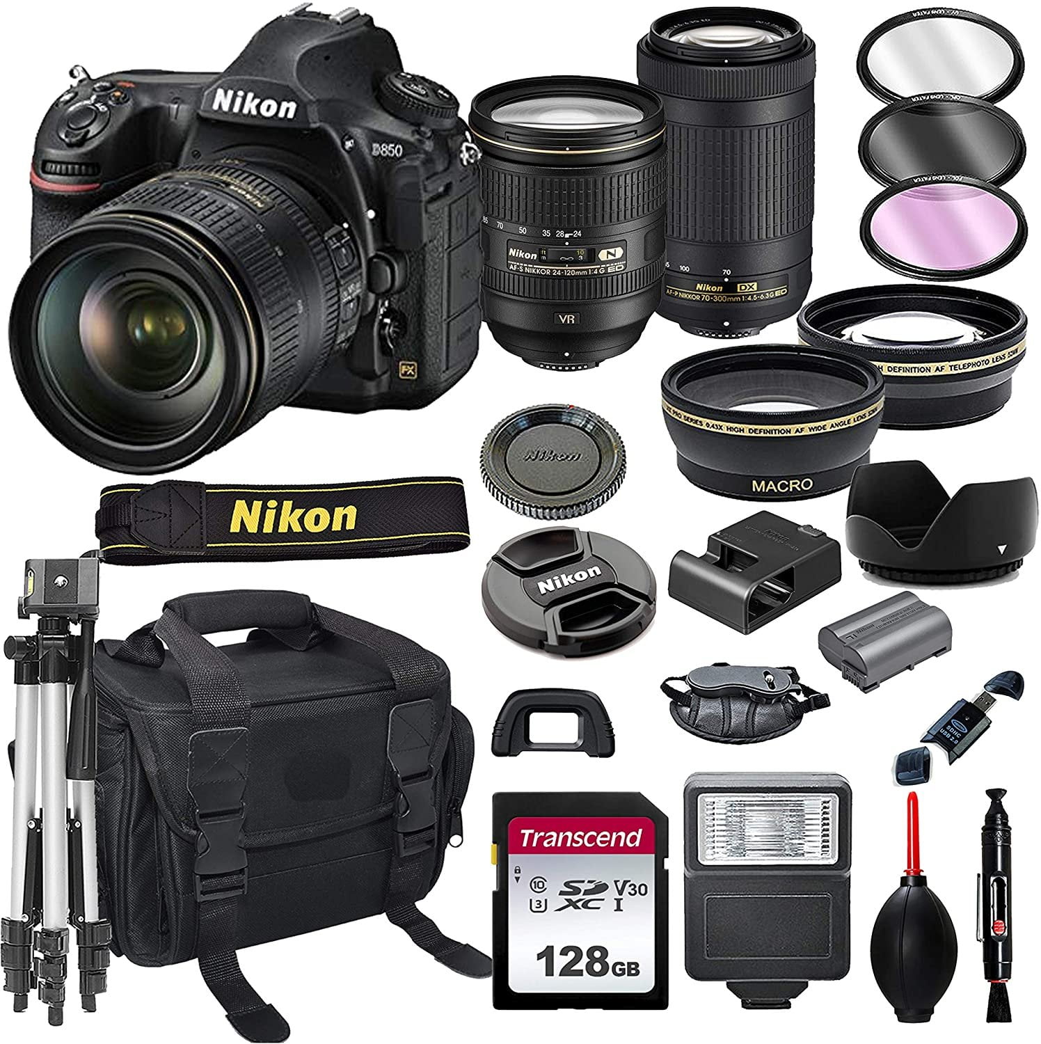 Nikon D850 DSLR Camera with 24-120mm VRand 70-300mm Lens Bundle + 128GB Card, Tripod, Flash, and More 21pc Bundle