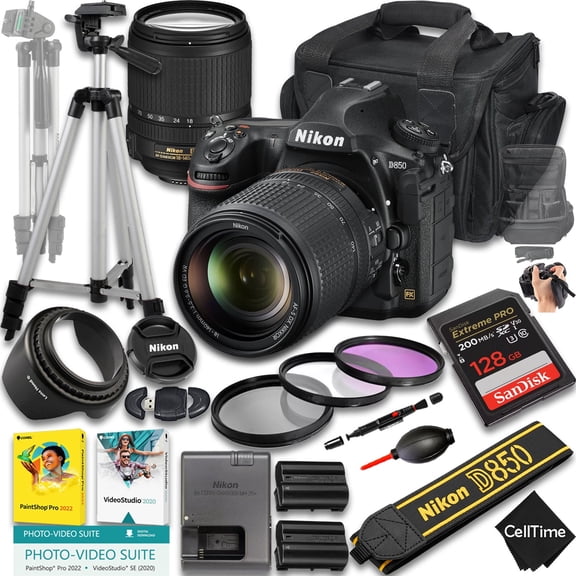 Nikon D850 DSLR Camera with AF-S DX NIKKOR 18-140mm f/3.5-5.6G ED VR Lens + 128 GB Memory + Extra Battery + Camera Case + Tripod + More (22pc Bundle)