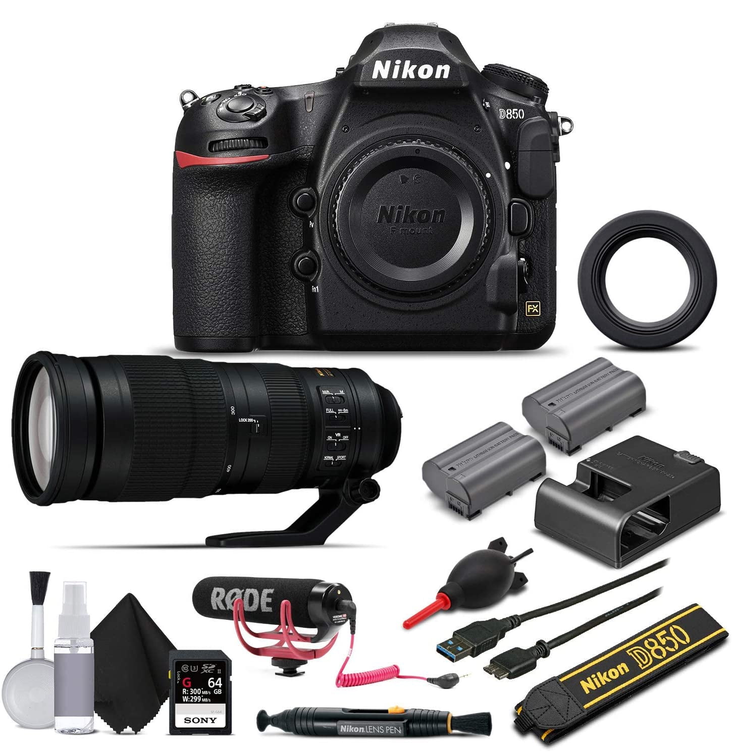 Dslr Rode Nikon D850 DSLR Kit: Camera, 200-500mm Lens, 64GB Card, Rode Mic, Extra ...