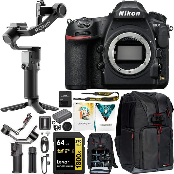 Nikon D850 Full Frame DSLR 4K FX Format Camera Body 1585 Filmmaker's Bundle Including DJI RS 3 Mini Gimbal Stabilizer Kit + Deco Gear Photography Backpack + 64GB High Speed Card & Software