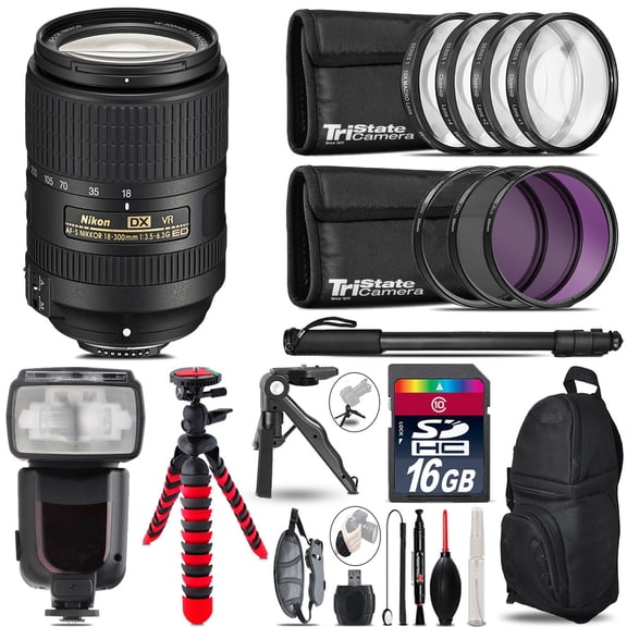 Nikon DX 18-300mm VR + Professional Flash + Macro Kit - 16GB Accessory Bundle