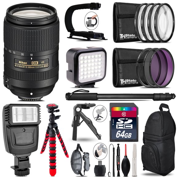 Nikon DX 18-300mm VR -Video Kit + Slave Flash + Monopad - 64GB Accessory Bundle (International Version)