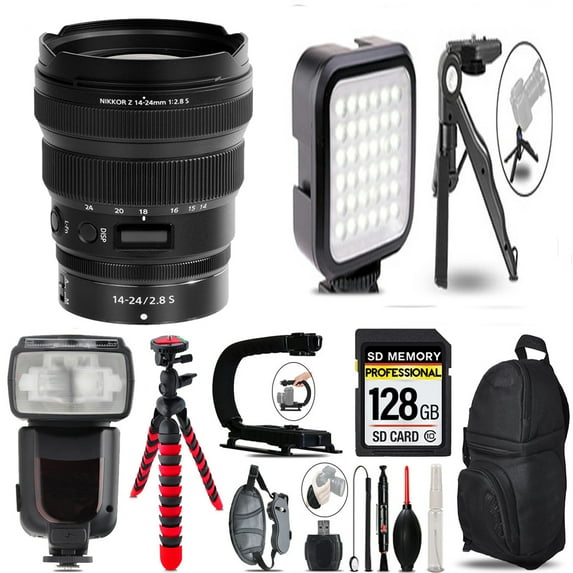 Nikon NIKKOR Z 14-24mm f/2.8 S Lens+ Pro Flash + LED Light + Tripod - 128GB Accessory Bundle (International Version)