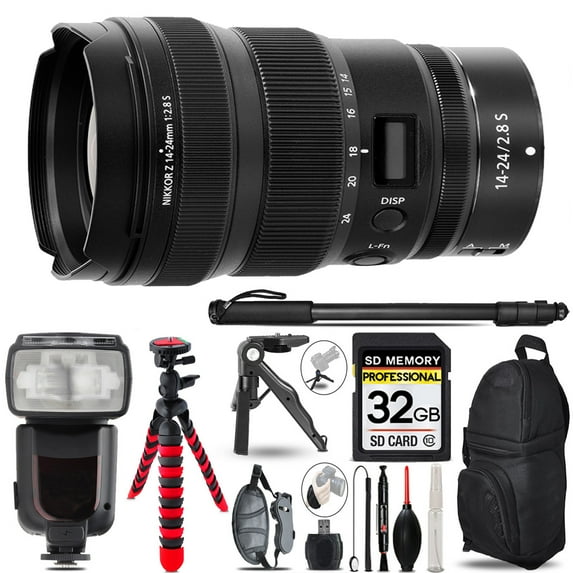 Nikon NIKKOR Z 14-24mm f/2.8 S Lens- + Professional Flash - 32GB Accessory Bundle