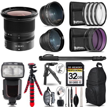 Nikon NIKKOR Z 14-30mm f/4 S Lens- 3 Lens Kit + Professional Flash - 32GB Accessory Bundle