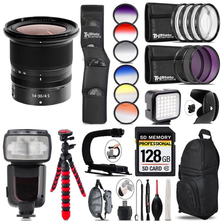Nikon NIKKOR Z 14-30mm f/4 S Lens+ Pro Flash + LED Light - 128GB Accessory Bundle (International Version)