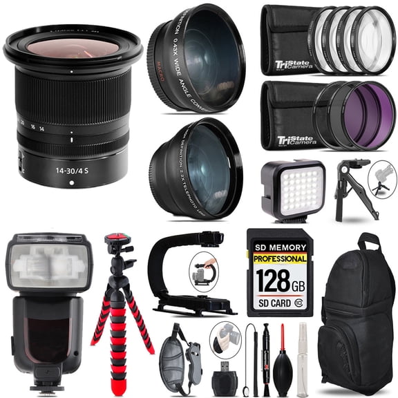 Nikon NIKKOR Z 14-30mm f/4 S Lens+ Pro Flash + LED Light + Tripod - 128GB Accessory Bundle (International Version)