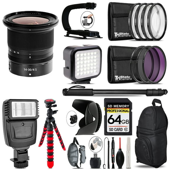 Nikon NIKKOR Z 14-30mm f/4 S Lens- Video Kit + Flash - 64GB Accessory Bundle (International Version)