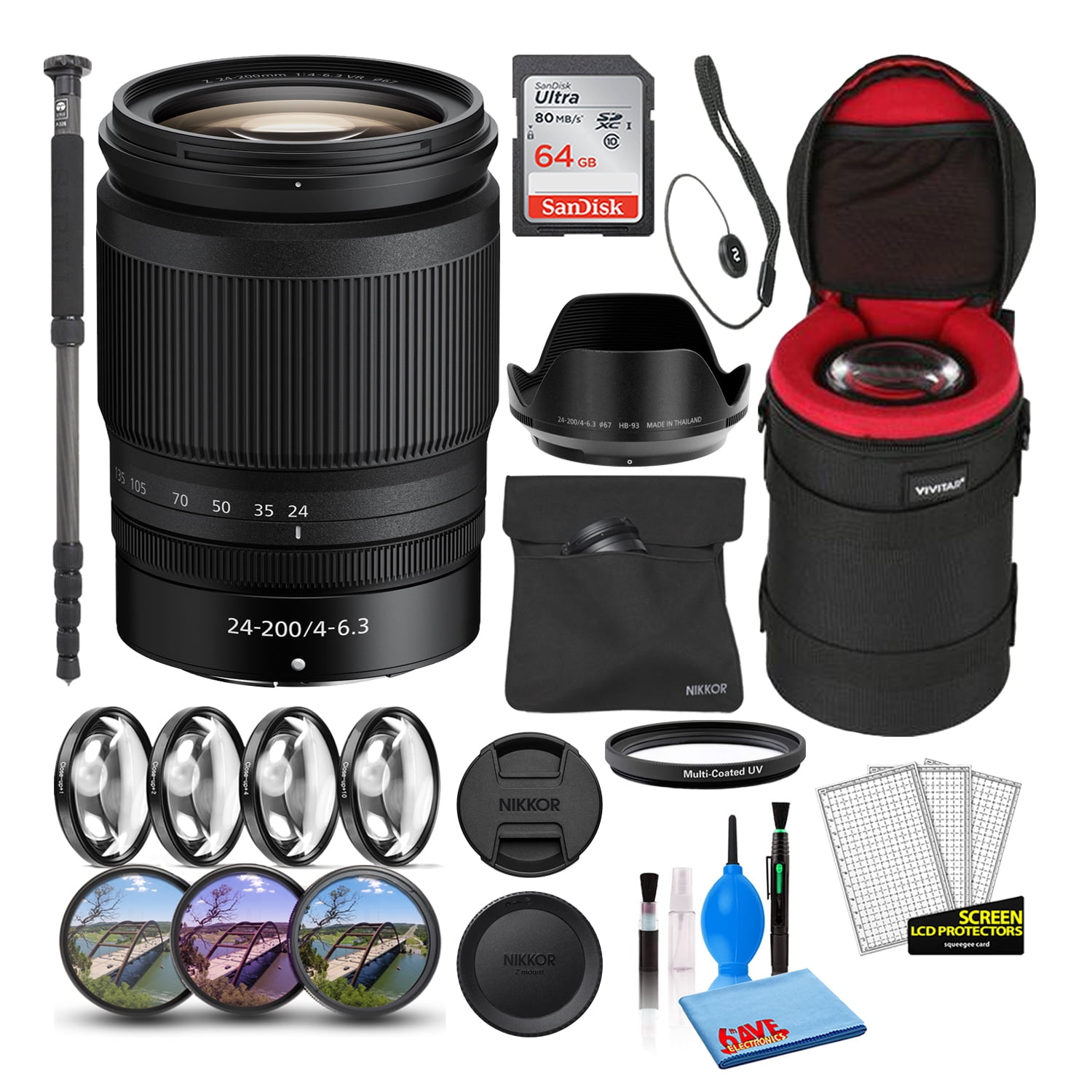 Nikon NIKKOR Z 24-200mm f/4-6.3 VR Lens (20092) Bundle with 64GB Ultra SDHC  Memory Card + Padded Lens Case + 70-Inch Pro Monopod + 8-Piece Filter Kit 