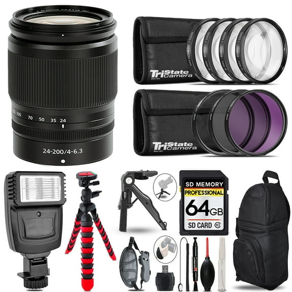Nikon NIKKOR Z 24-200mm f/4-6.3 VR Lens + Slave Flash + MACRO, UV-CPL-FLD - 64GB Accessory Bundle