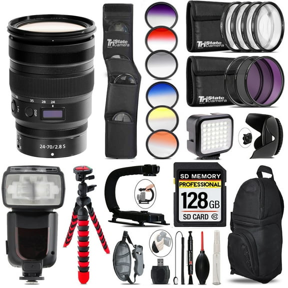 Nikon NIKKOR Z 24-70mm f/2.8 S Lens+ Pro Flash + LED Light - 128GB Accessory Bundle (International Version)