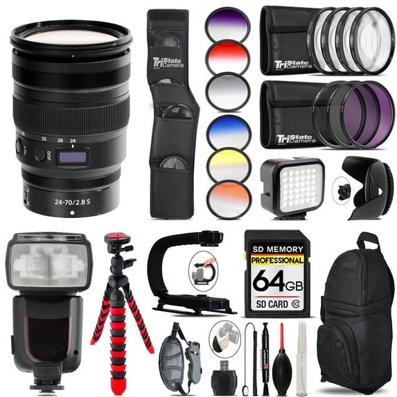 Nikon NIKKOR Z 24-70mm f/2.8 S Lens+ Pro Flash + LED Light - 64GB Accessory Bundle