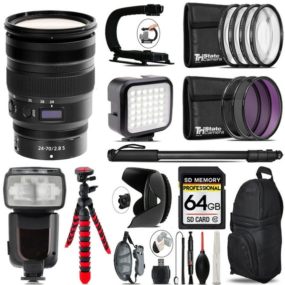 Nikon NIKKOR Z 24-70mm f/2.8 S Lens- Video Kit + Pro Flash - 64GB Accessory Bundle