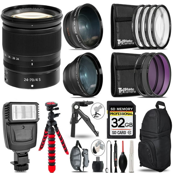 Nikon NIKKOR Z 24-70mm f/4 S Lens -3 Lens Kit + Slave Flash + Tripod - 32GB Accessory Bundle (International Version)