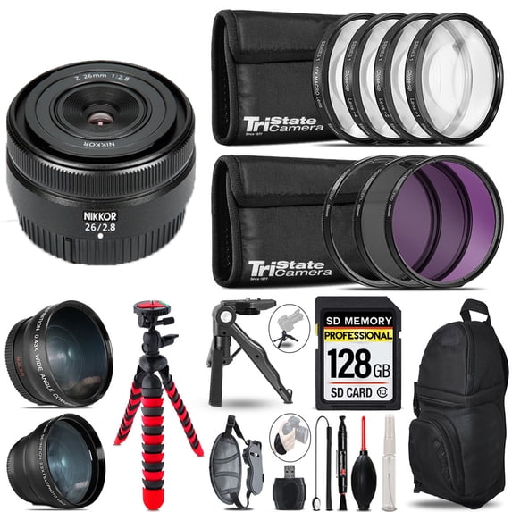 Nikon NIKKOR Z 26mm f/2.8 Lens- 3 Lens Kit + Tripod + Backpack - 128GB Accessory Bundle (International Version)