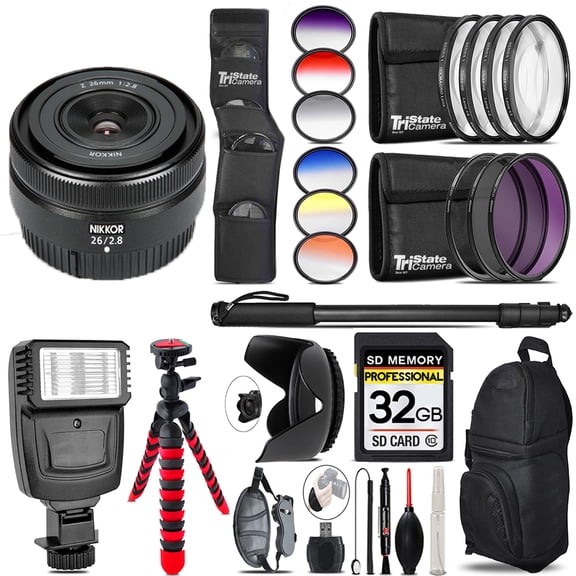Nikon NIKKOR Z 26mm f/2.8 Lens+ Flash + Color Filter Set - 32GB Accessory Kit