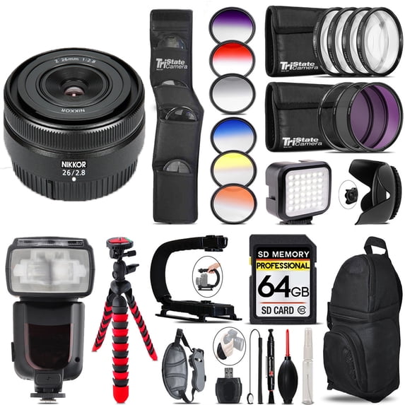 Nikon NIKKOR Z 26mm f/2.8 Lens+ Pro Flash + LED Light - 64GB Accessory Bundle (International Version)
