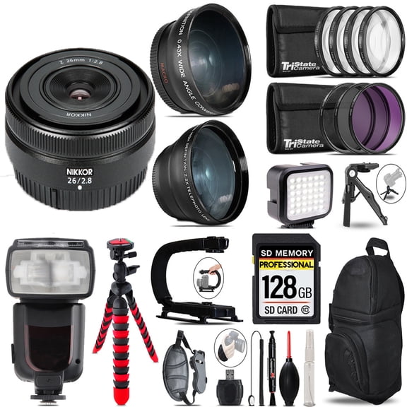 Nikon NIKKOR Z 26mm f/2.8 Lens+ Pro Flash + LED Light + Tripod - 128GB Accessory Bundle