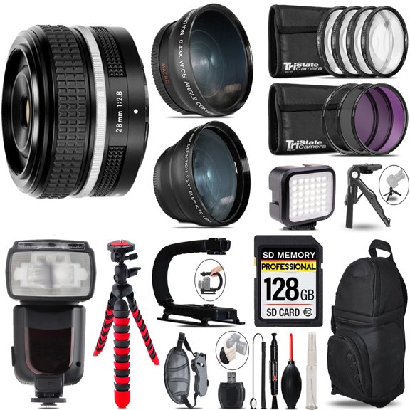 Nikon NIKKOR Z 28mm f/2.8 (SE) Lens + Pro Flash + LED Light + Tripod - 128GB Accessory Bundle