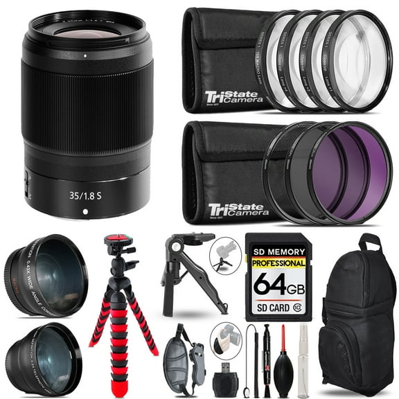 Nikon NIKKOR Z 35mm f/1.8 S Lens + 3 Lens Kit + Tripod + Backpack - 64GB Accessory Bundle (International Version)