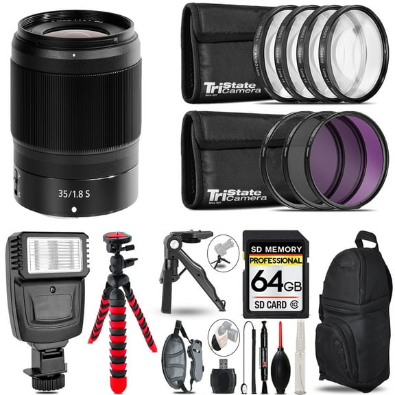 Nikon NIKKOR Z 35mm f/1.8 S Lens + Slave Flash + MACRO, UV-CPL-FLD - 64GB Accessory Bundle (International Version)