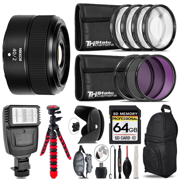 Nikon NIKKOR Z 40mm f/2 Lens + Flash + Tripod & More - 64GB Accessory Kit (International Version)