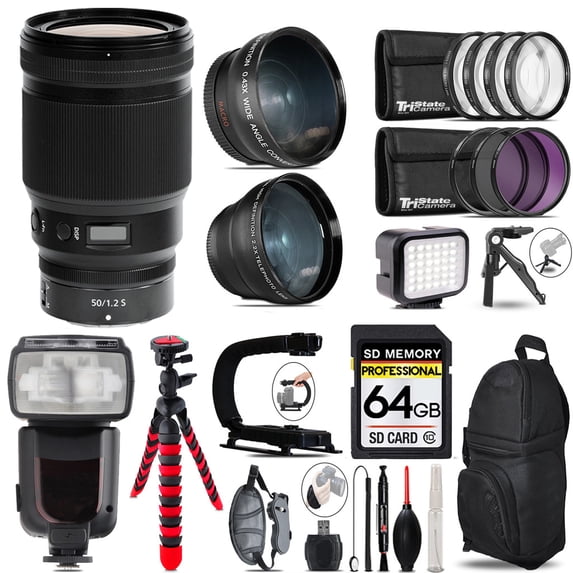 Nikon NIKKOR Z 50mm f/1.2 S Lens+ Pro Flash + LED Light + Tripod - 64GB Accessory Bundle (International Version)