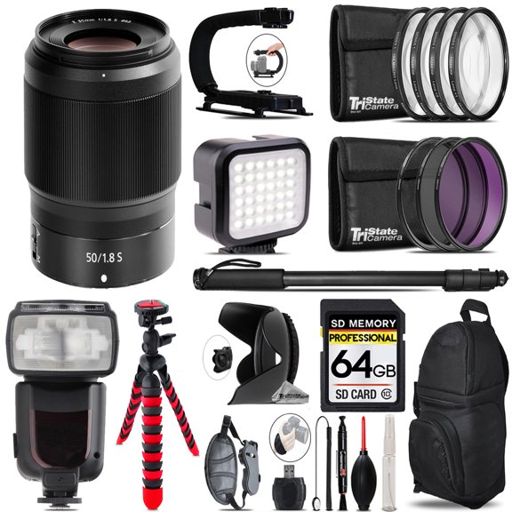 Nikon NIKKOR Z 50mm f/1.8 S Lens + LED Flash+ Bag - 64GB Accessory Bundle (International Version)