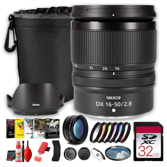Nikon NIKKOR Z DX 16-50mm f/2.8 VR Lens | Z APS-C, 24-75mm Equiv, Constant f/2.8 Bundle with Telephoto Lens, UV Filter, Graduated Filters, 32GB Card, Software, Lens Pouch (International Model)