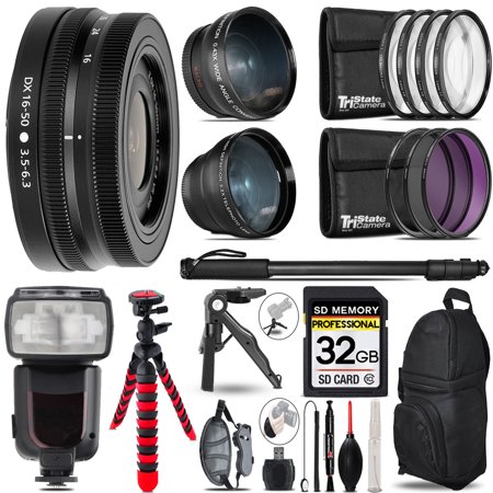 Nikon NIKKOR Z DX 16-50mm f/3.5-6.3 VR Lens (Black) - 3 Lens Kit + Professional Flash - 32GB Accessory Bundle