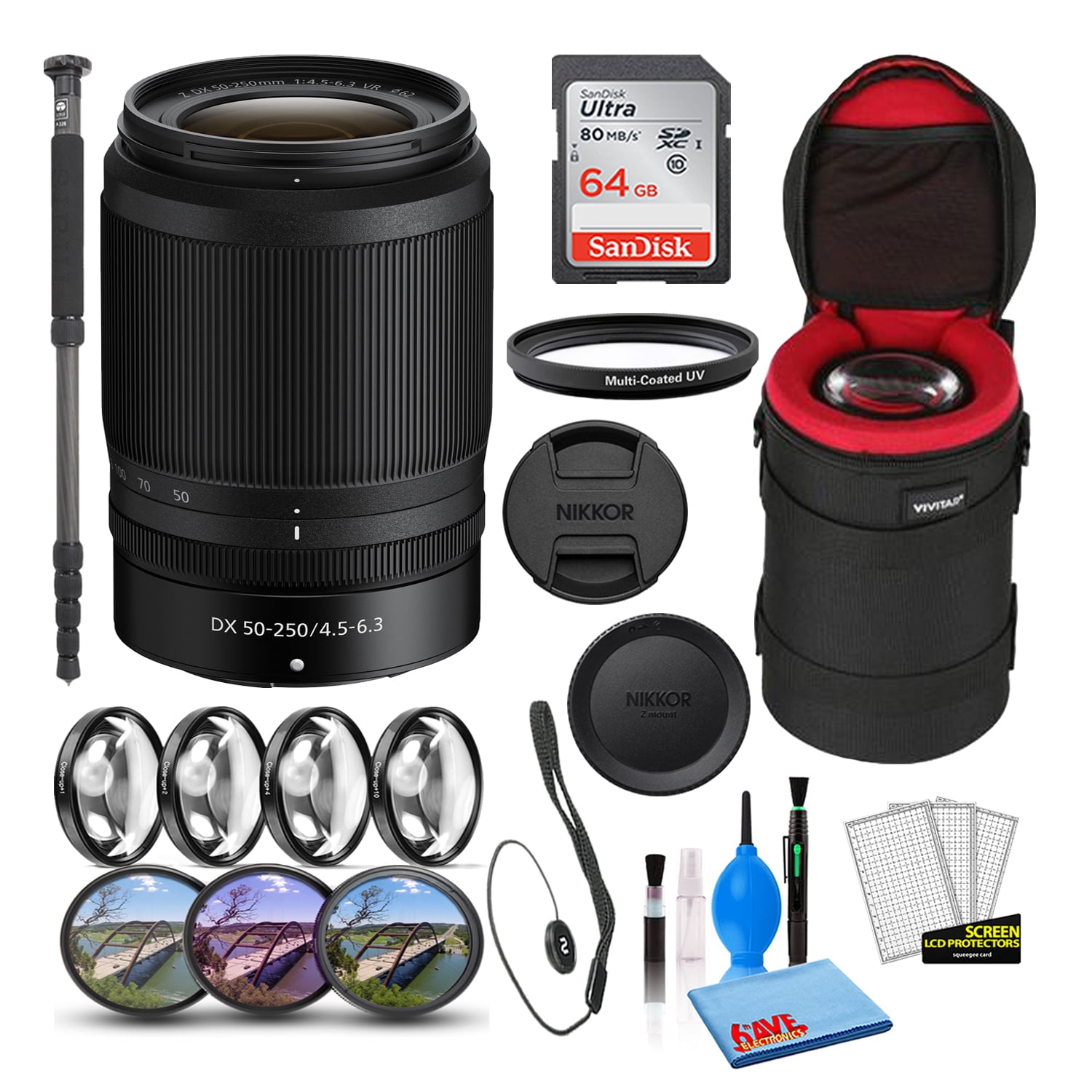 Nikon NIKKOR Z DX 50-250mm f/4.5-6.3 VR Lens (20085) Bundle with 64GB Ultra  SDHC Memory Card + Padded Lens Case + 70-Inch Pro Monopod + 8-Piece Filter 