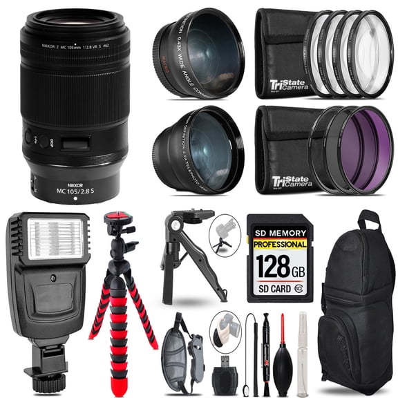 Nikon NIKKOR Z MC 105mm f/2.8 VR S Macro Lens -3 Lens Kit + Slave Flash + Tripod - 128GB Accessory Bundle (International Version)