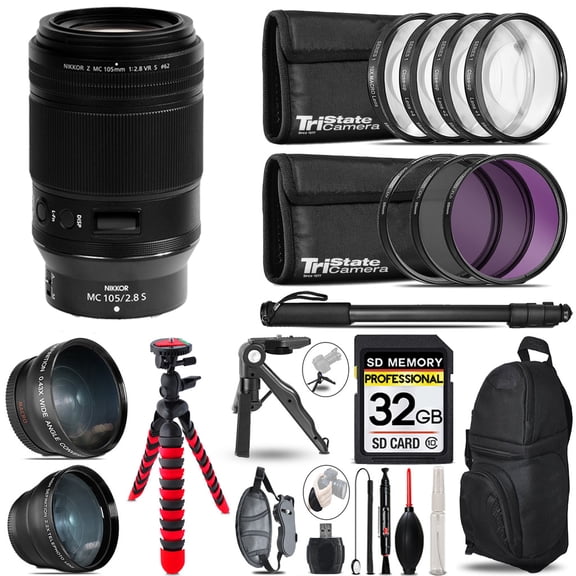 Nikon NIKKOR Z MC 105mm f/2.8 VR S Macro Lens - 3 Lens Kit + Tripod + Backpack - 32GB Accessory Bundle (International Version)
