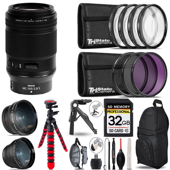 Nikon NIKKOR Z MC 105mm f/2.8 VR S Macro Lens- 3 Lens Kit + Tripod + Backpack - 32GB Accessory Bundle (International Version)