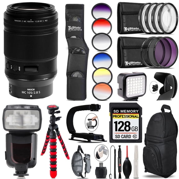 Nikon NIKKOR Z MC 105mm f/2.8 VR S Macro Lens + Pro Flash + LED Light - 128GB Accessory Bundle