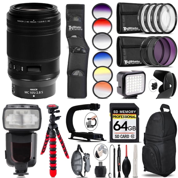 Nikon NIKKOR Z MC 105mm f/2.8 VR S Macro Lens + Pro Flash + LED Light - 64GB Accessory Bundle