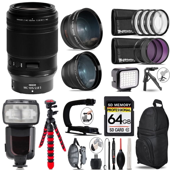 Nikon NIKKOR Z MC 105mm f/2.8 VR S Macro Lens + Pro Flash + LED Light + Tripod - 64GB Accessory Bundle (International Version)