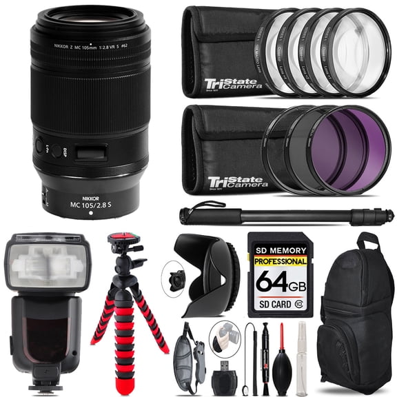 Nikon NIKKOR Z MC 105mm f/2.8 VR S Macro Lens + Professional Flash & More - 64GB Accessory Kit (International Version)