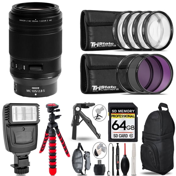 Nikon NIKKOR Z MC 105mm f/2.8 VR S Macro Lens + Slave Flash + MACRO, UV-CPL-FLD - 64GB Accessory Bundle (International Version)