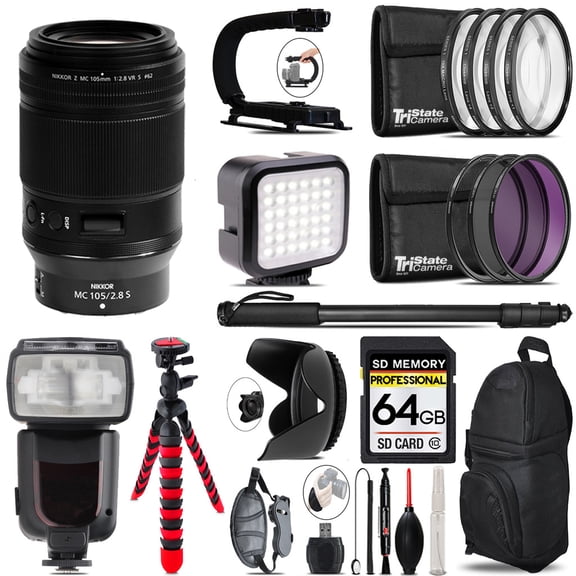 Nikon NIKKOR Z MC 105mm f/2.8 VR S Macro Lens - Video Kit + Pro Flash - 64GB Accessory Bundle (International Version)
